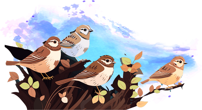 Four birds on a tree branch against a purple and blue sky.