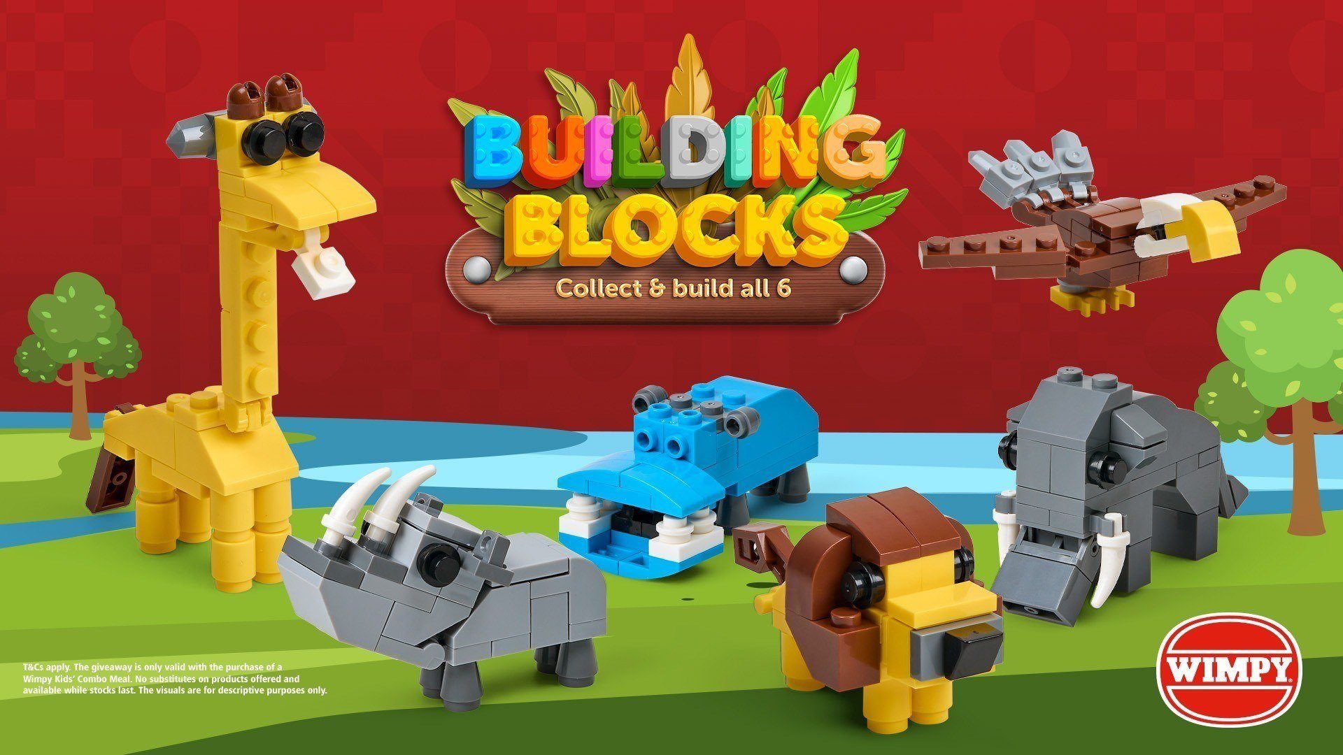 building blocks featuring six different animal figures including a giraffe, hippopotamus, elephant, lion, rhino, and eagle