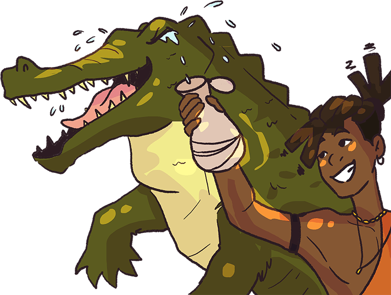 A young boy collecting the tears of a crocodile into an empty jar.