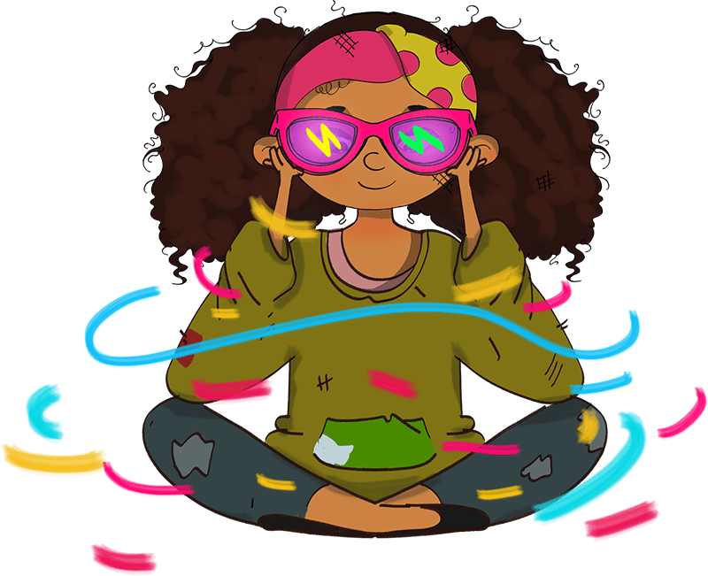 A young girl with an afro looking at a pair of sunglasses.