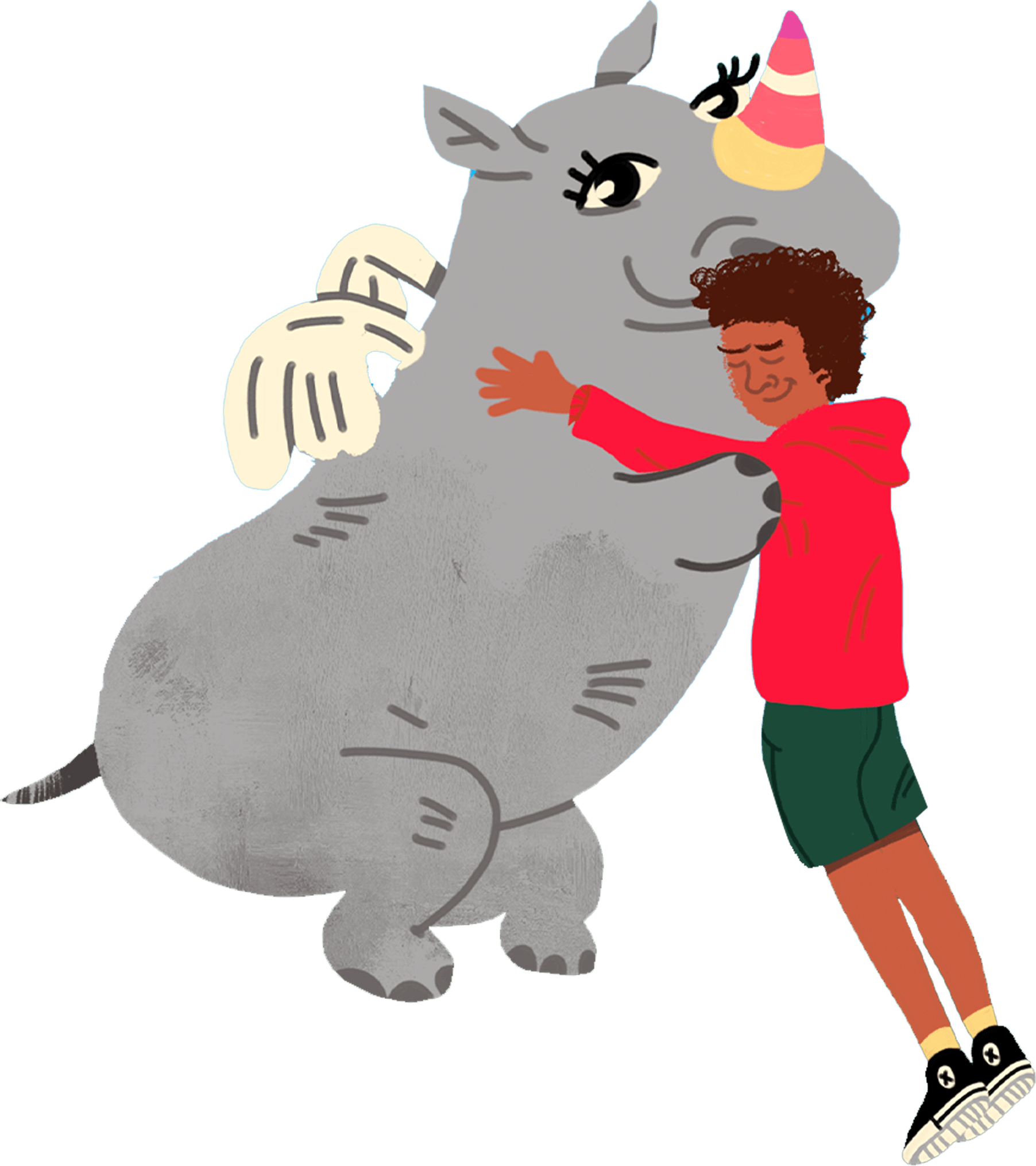  A boy hugging a magical horned Rhino with wings