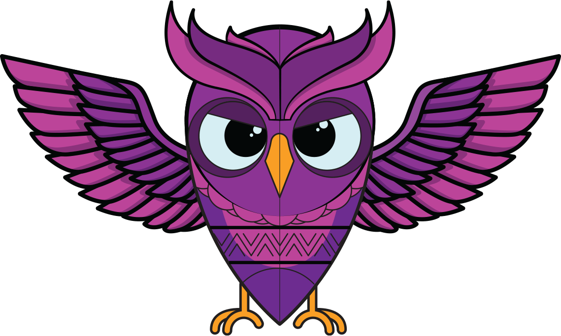 A close up of a purple owl character from a Read with Wimpy storybook.