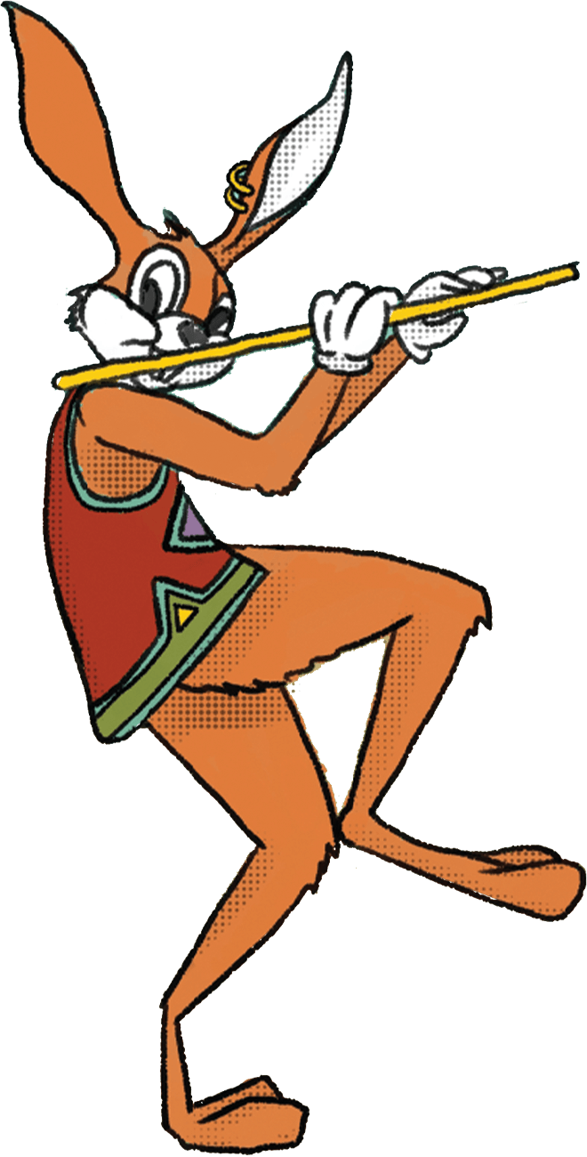 A brown rabbit with a red shirt playing the flute.