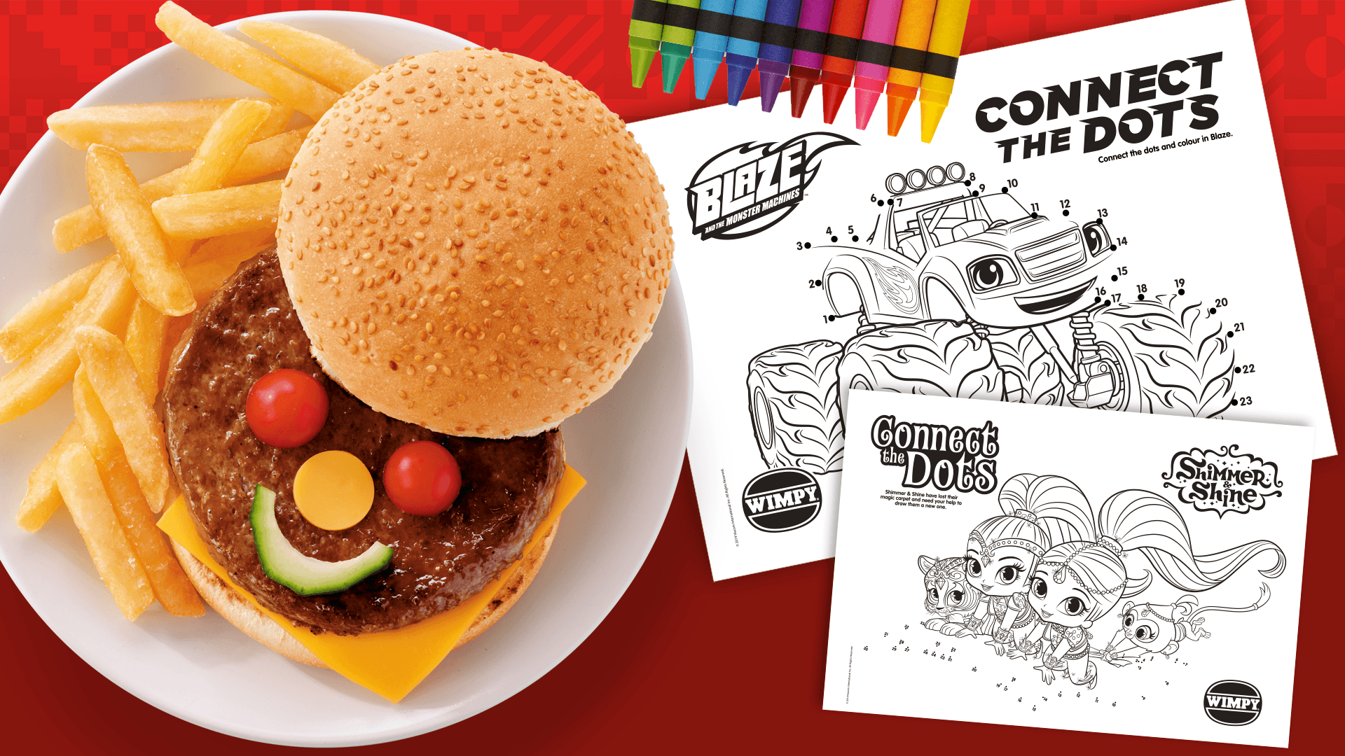 A kid’s burger next to a pair of connect the dots printouts.