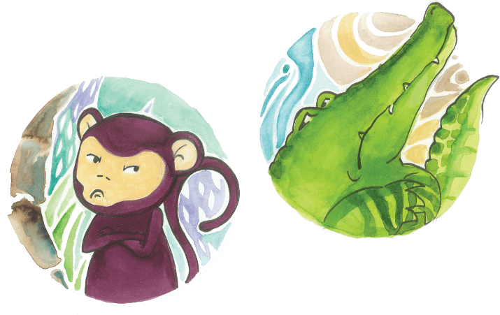 A purple monkey and green baboon with their hands crossed.