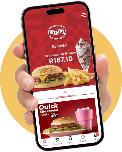 Hand holding a phone showing the Wimpy rewards app