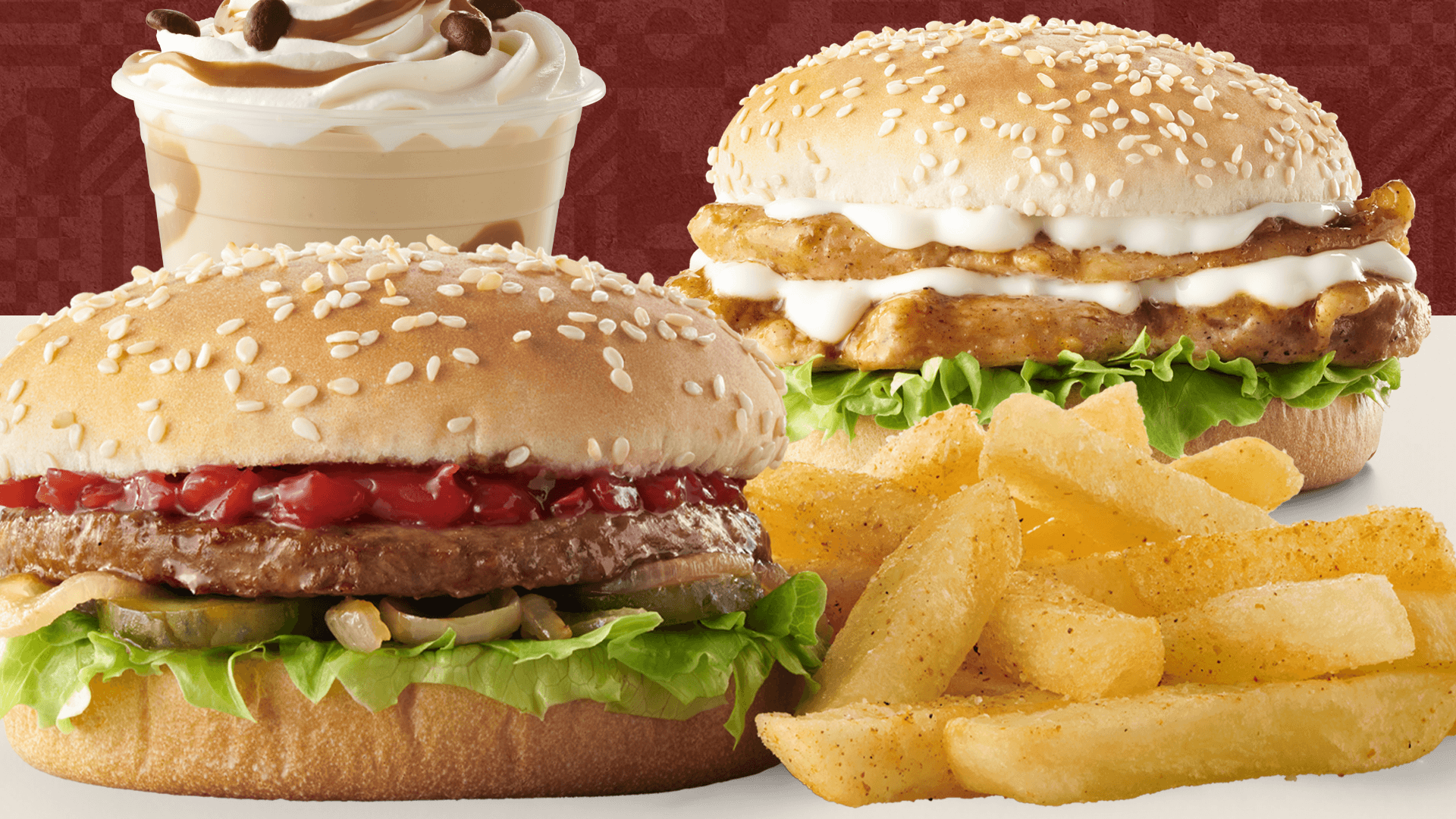 Chicken or Beef Burger with a side of Chips and Milkshake