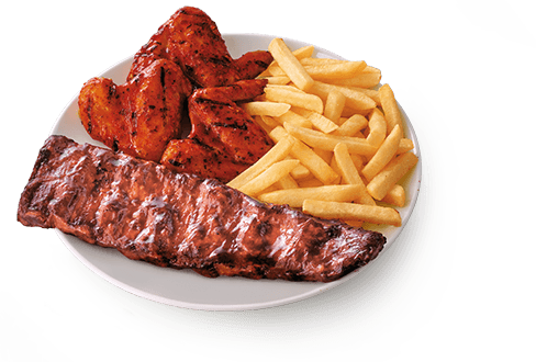 Wimpy ribs and wings combo meal featuring sticky ribs and crispy chicken wings