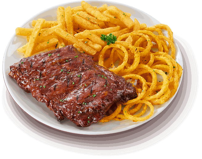 Ribs basted in bbq sauce with onion rings and chips
