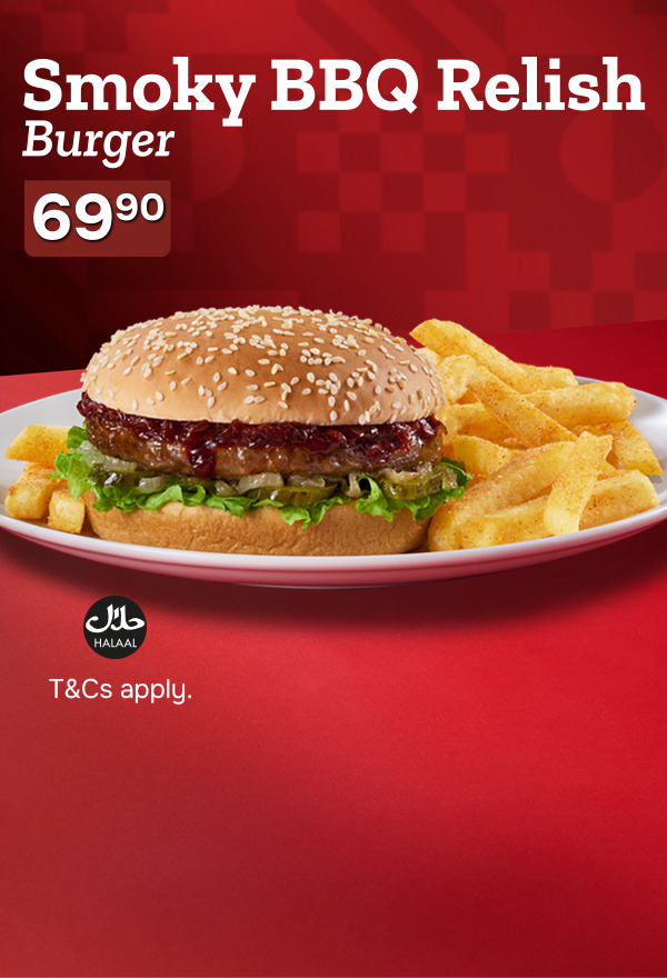 Double Cheese & Chilli Burger with Chips on a white plate