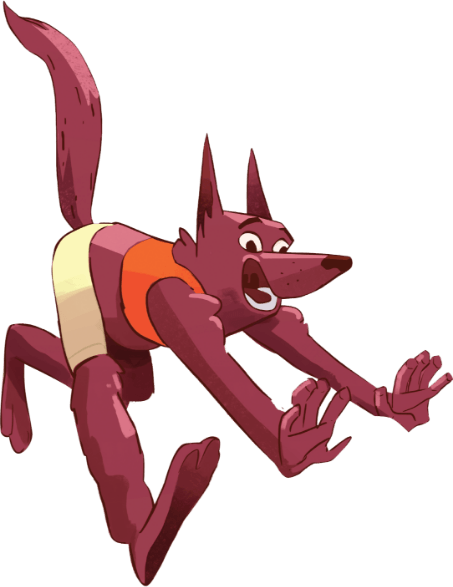 A purple jackal with a striped T-shirt running to the left.